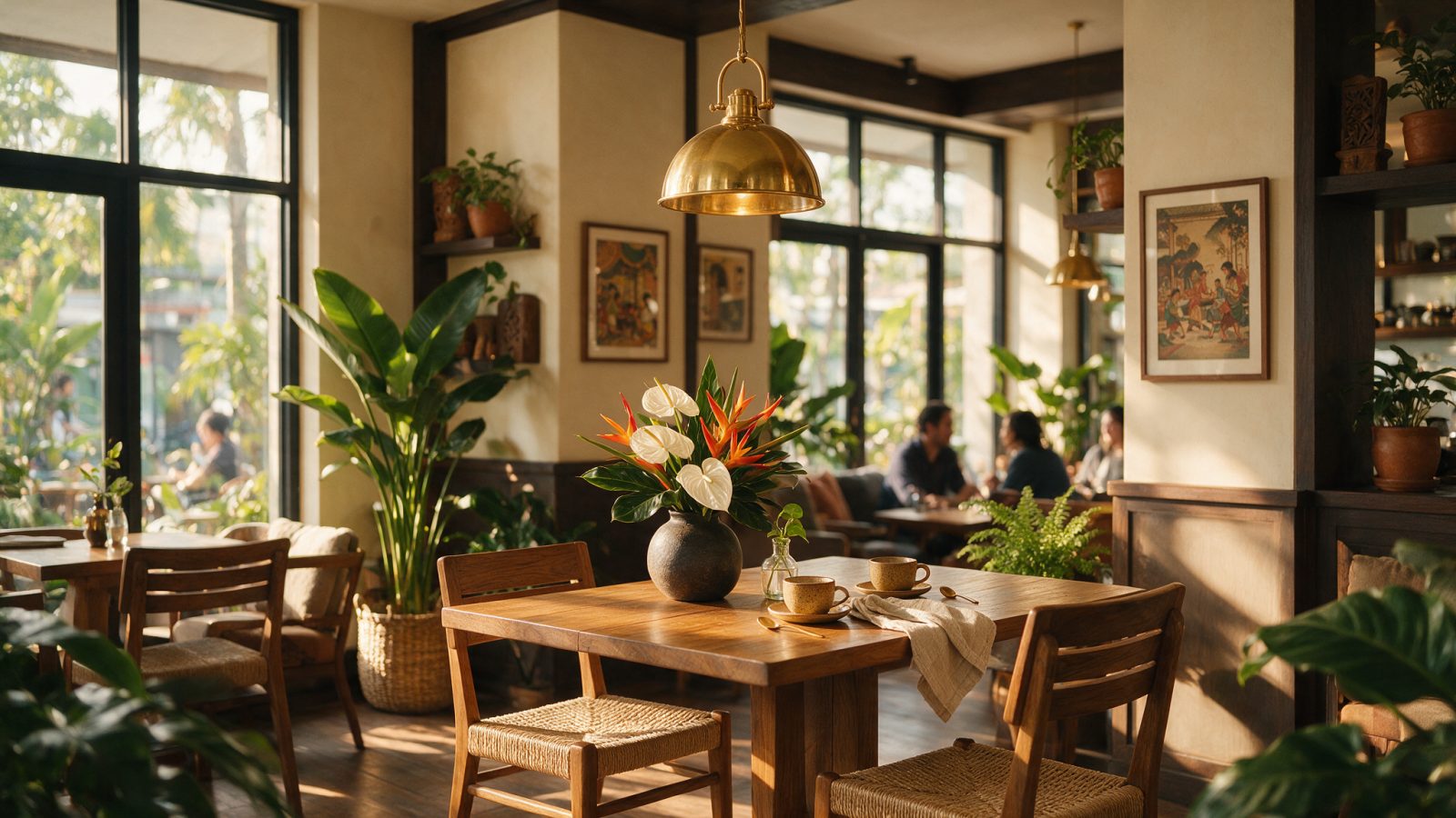 Suasana hangat interior coffee shop dengan meja kayu dan cahaya sore
