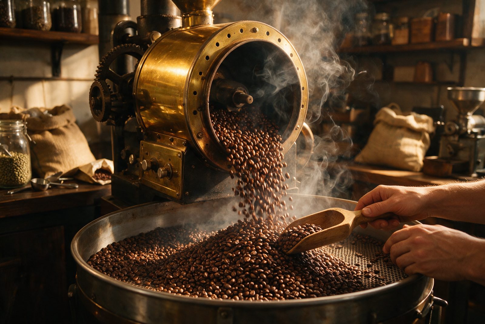 Biji kopi hasil sangrai dituang dari mesin roasting ke wadah pendingin