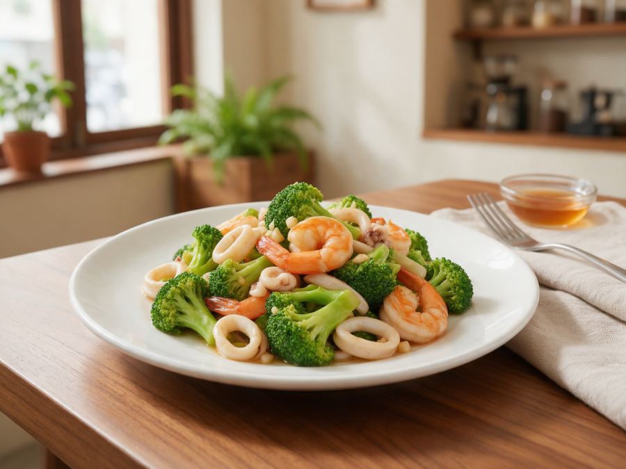 Sajian Broccoli Seafood di Station Coffee Premium