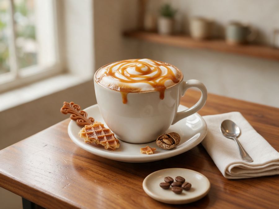Sajian Caramel Latte Hot di Station Coffee Premium