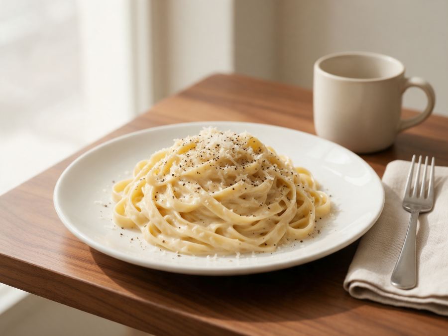 Sajian Fettucini Carbonara di Station Coffee Premium
