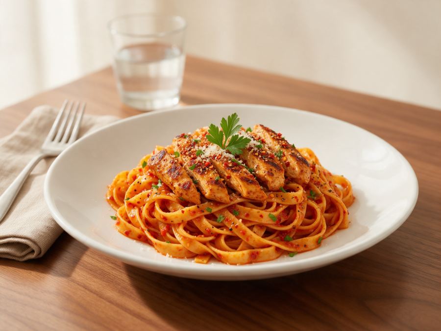 Sajian Fettucini Chicken Hotspicy di Station Coffee Premium