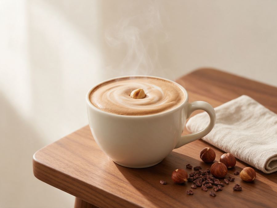 Sajian Hazelnut Latte Hot di Station Coffee Premium