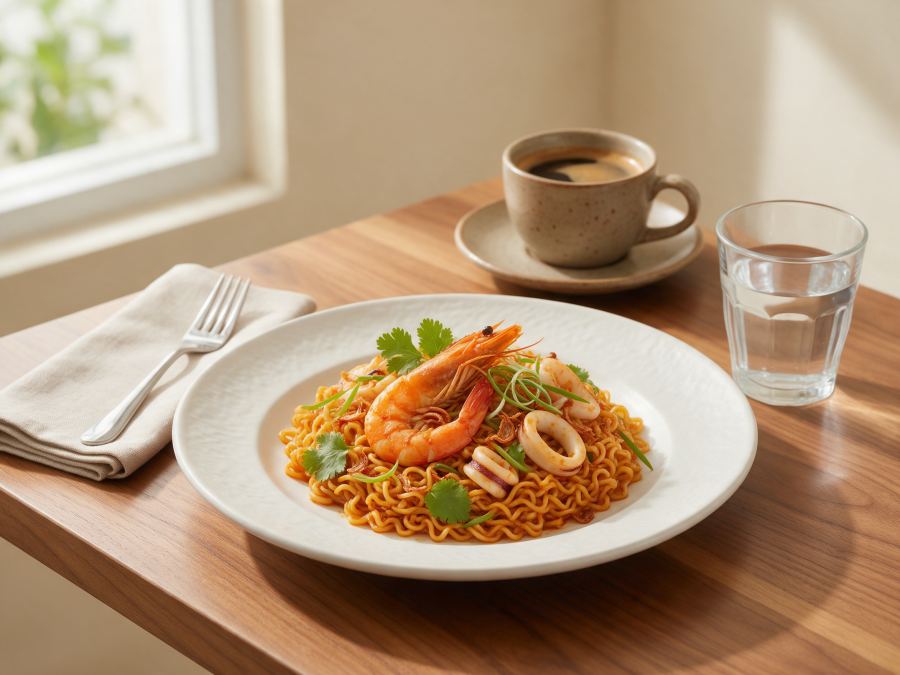 Sajian Indomie Goreng/Kuah Seafood di Station Coffee Premium