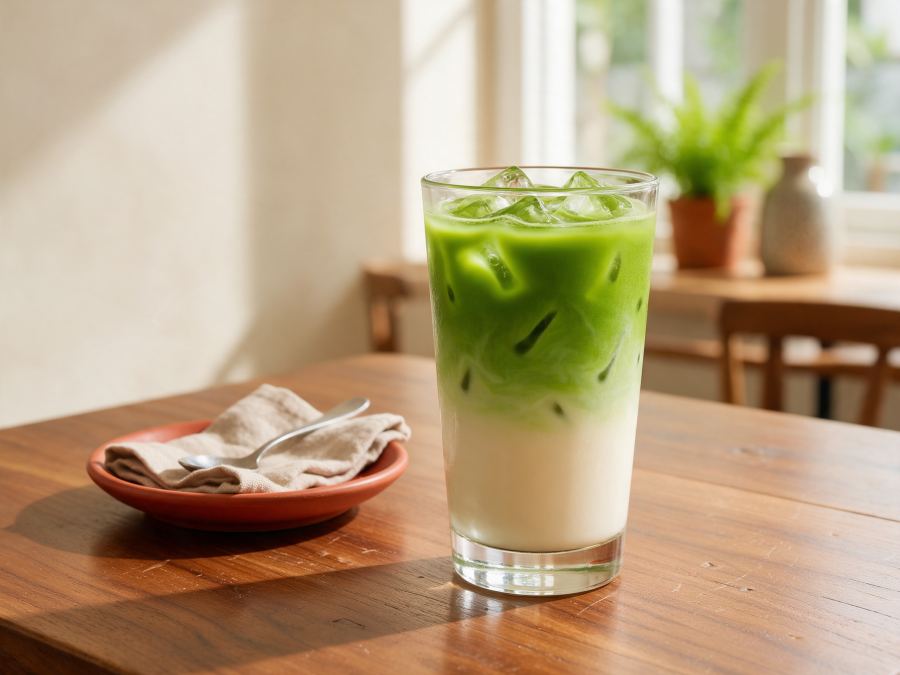 Sajian Matcha Latte di Station Coffee Premium