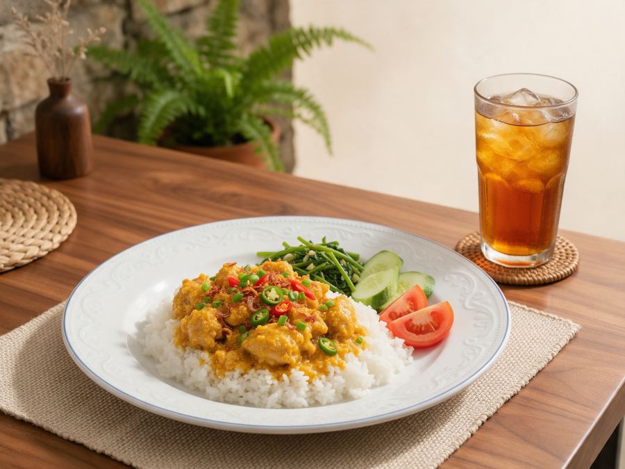 Sajian Nasi Ayam Salted Egg + Ice Tea di Station Coffee Premium