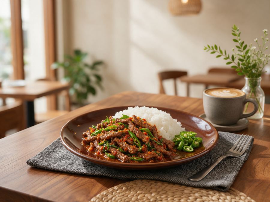 Sajian Nasi Daging Cabe Ijo di Station Coffee Premium