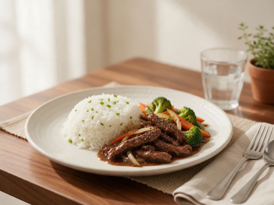 Sajian Nasi Daging Lada Hitam di Station Coffee Premium