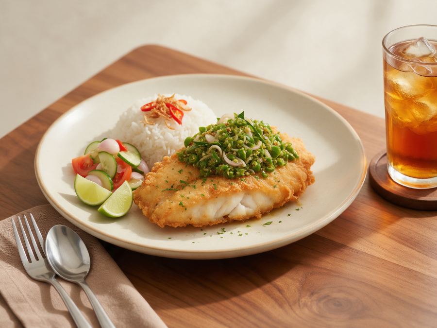 Sajian Nasi Dori Fillet Cabe Ijo di Station Coffee Premium