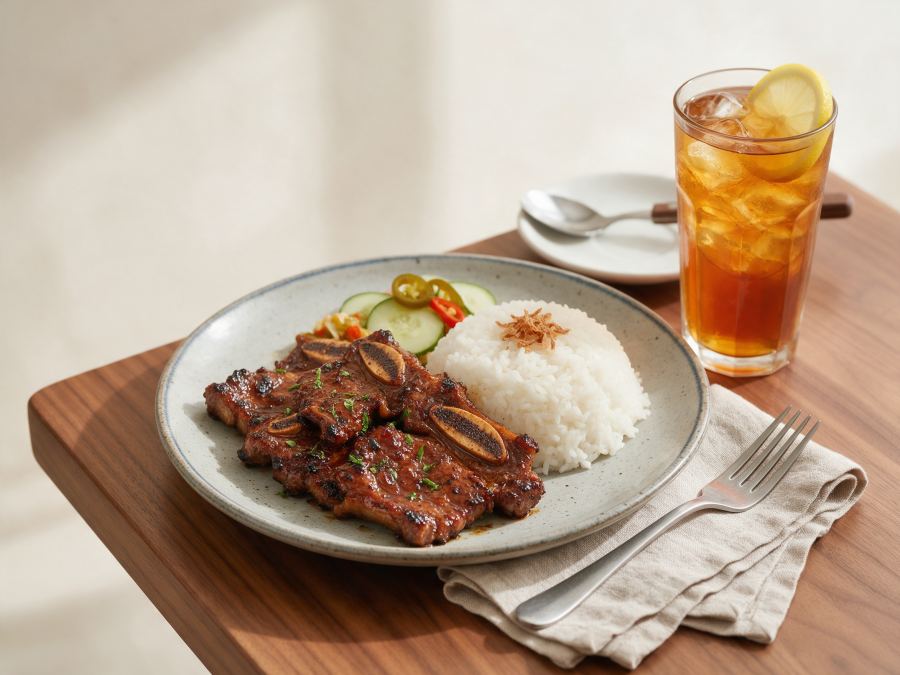 Sajian Nasi Iga Bakar + Ice Tea di Station Coffee Premium