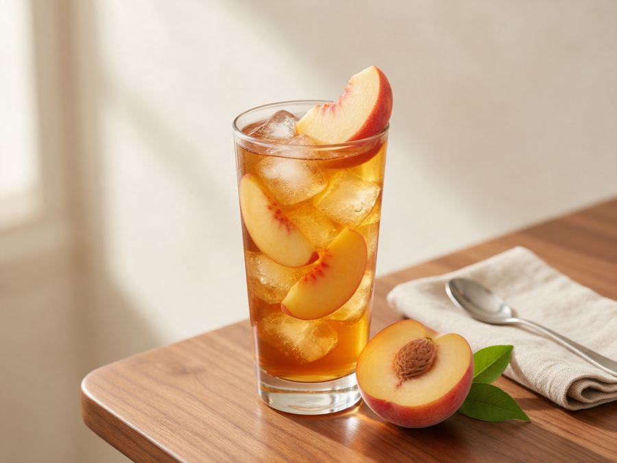 Sajian Peach Ice Tea di Station Coffee Premium