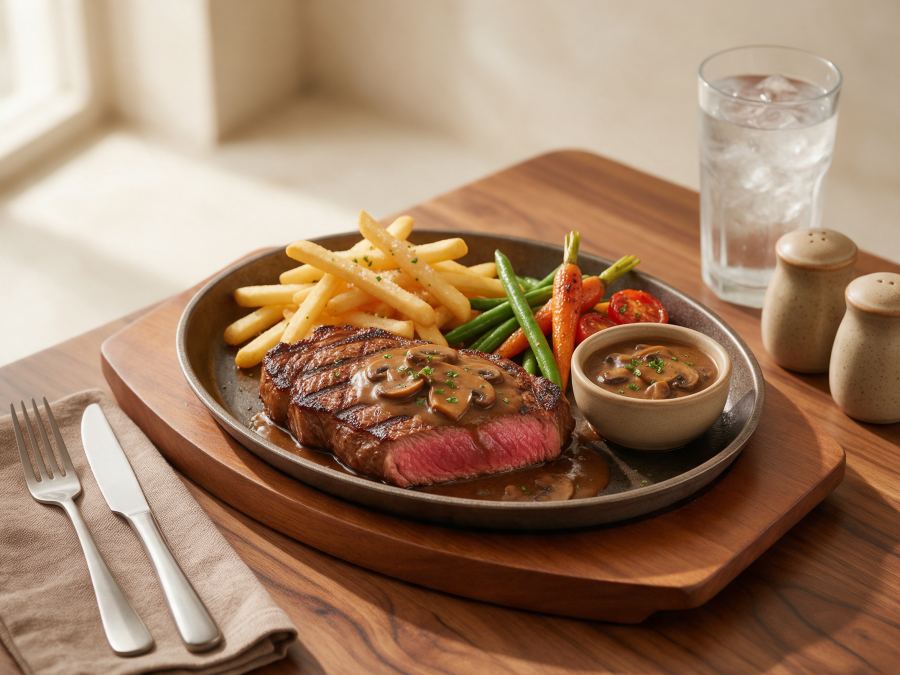 Sajian Sirloin Steak di Station Coffee Premium